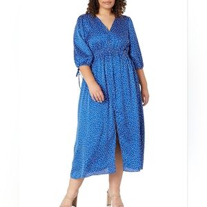 Taylor Plus Size 22W Tracie Midi Dress w/Sleeve Ties Blue & White Polka Dot NWT